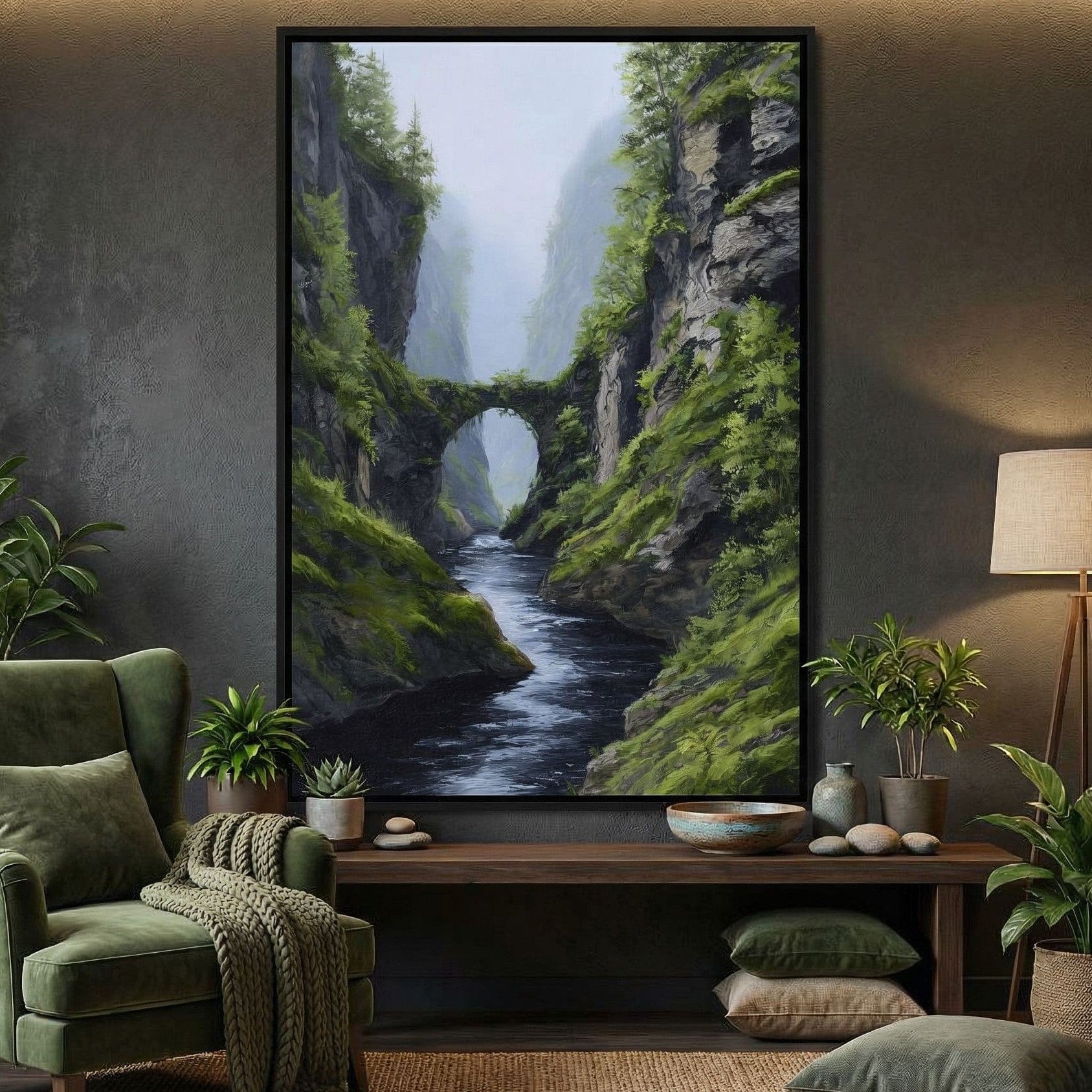 Emerald Gorge Stone Bridge River Canvas Wall Art