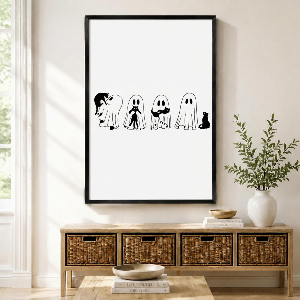 Minimalist Ghost and Cat Halloween Canvas Art