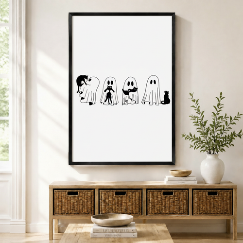 Minimalist Ghost and Cat Halloween Canvas Art