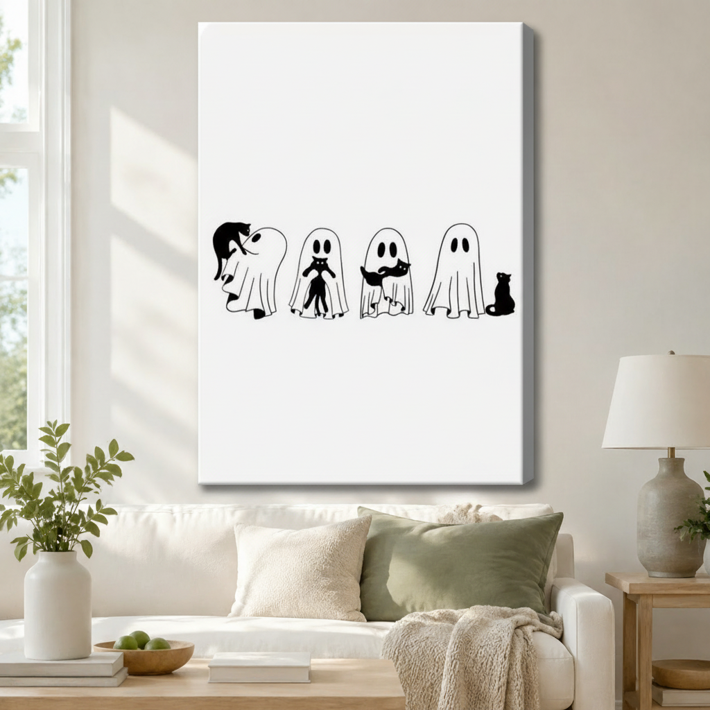 Minimalist Ghost and Cat Halloween Canvas Art