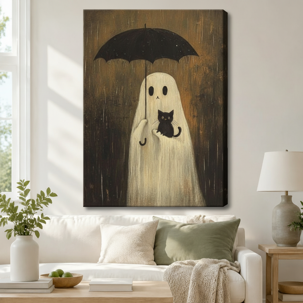 Rainy Ghost Cat Cozy Canvas Wall Art
