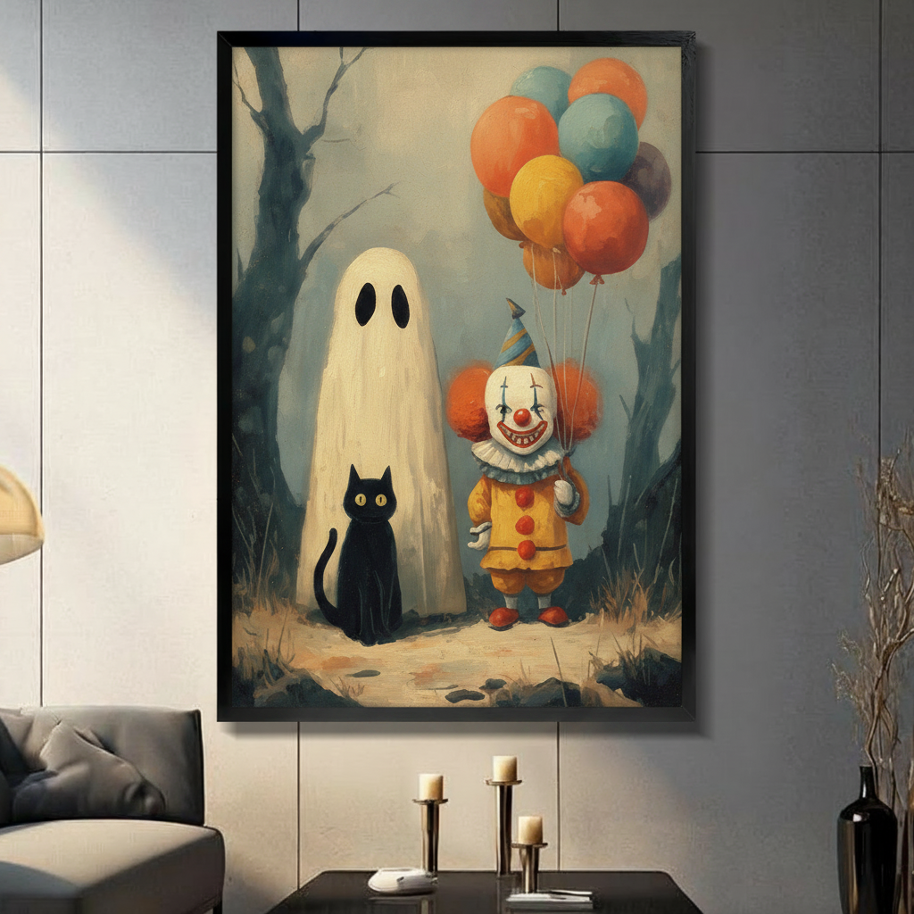 Vintage Halloween Ghost & Clown Canvas Wall Art