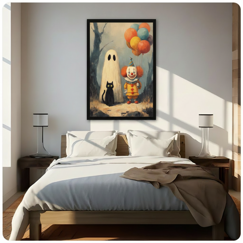 Vintage Halloween Ghost & Clown Canvas Wall Art