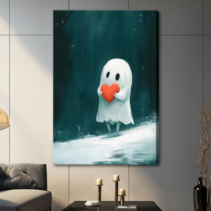 Cute Ghost Holding Heart Teal Fantasy Canvas Art