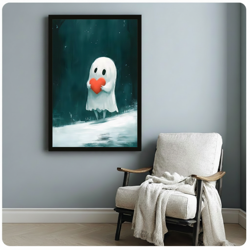 Cute Ghost Holding Heart Teal Fantasy Canvas Art