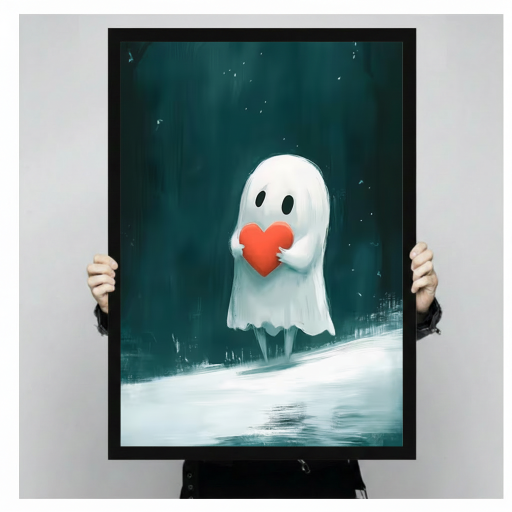 Cute Ghost Holding Heart Teal Fantasy Canvas Art