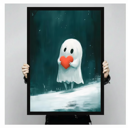 Cute Ghost Holding Heart Teal Fantasy Canvas Art