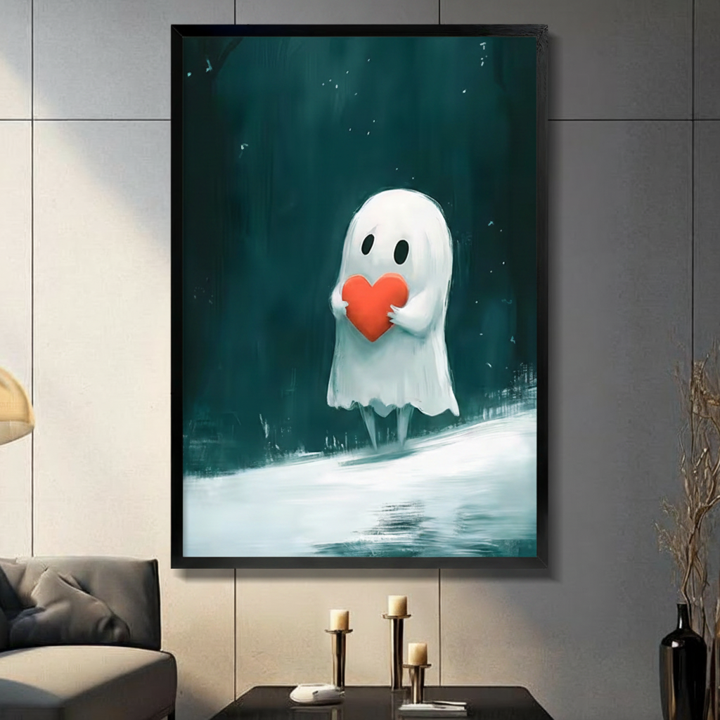 Cute Ghost Holding Heart Teal Fantasy Canvas Art