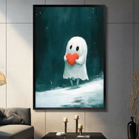 Cute Ghost Holding Heart Teal Fantasy Canvas Art
