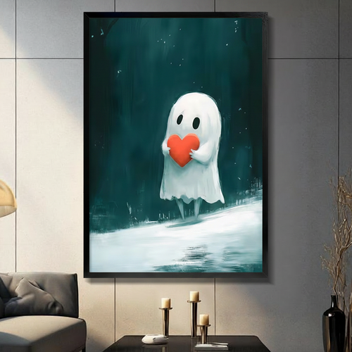 Cute Ghost Holding Heart Teal Fantasy Canvas Art