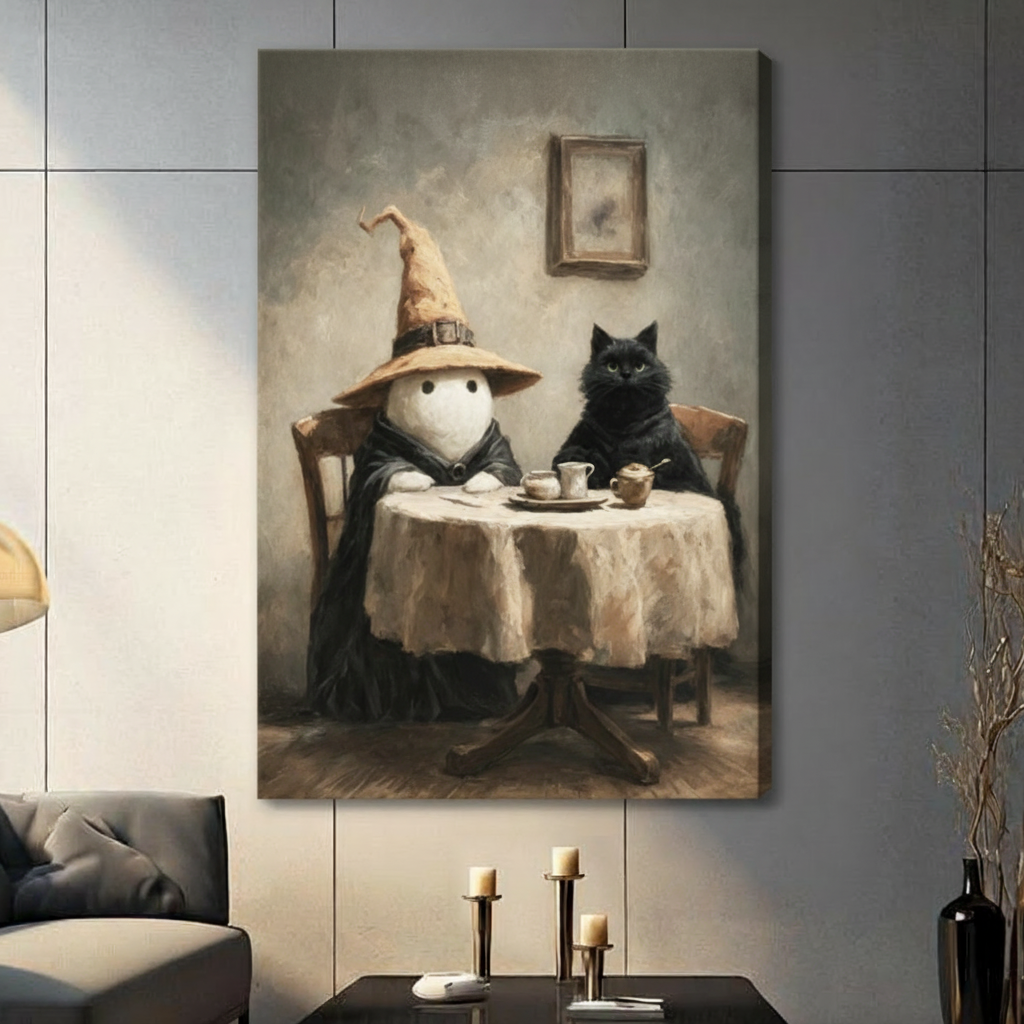 Ghost and Black Cat Tea Party Canvas Art Wall Art