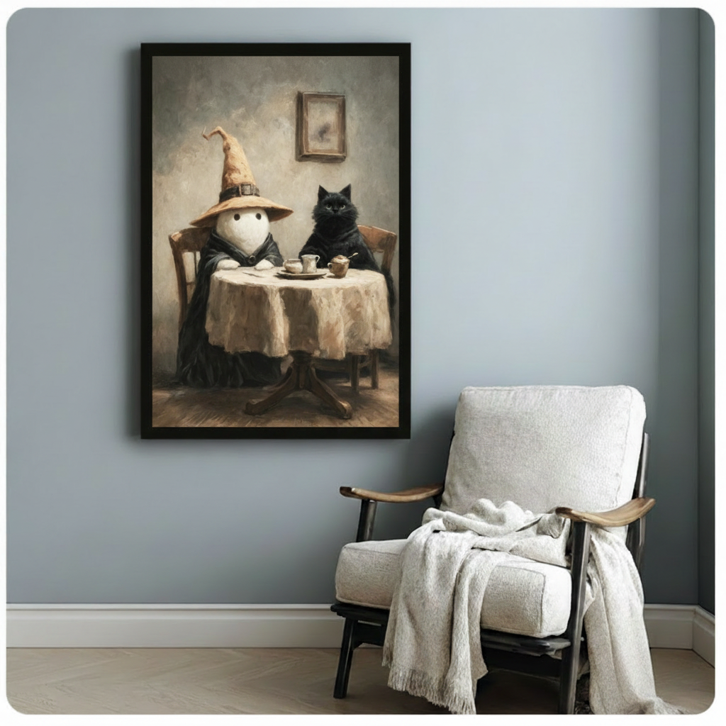 Ghost and Black Cat Tea Party Canvas Art Wall Art
