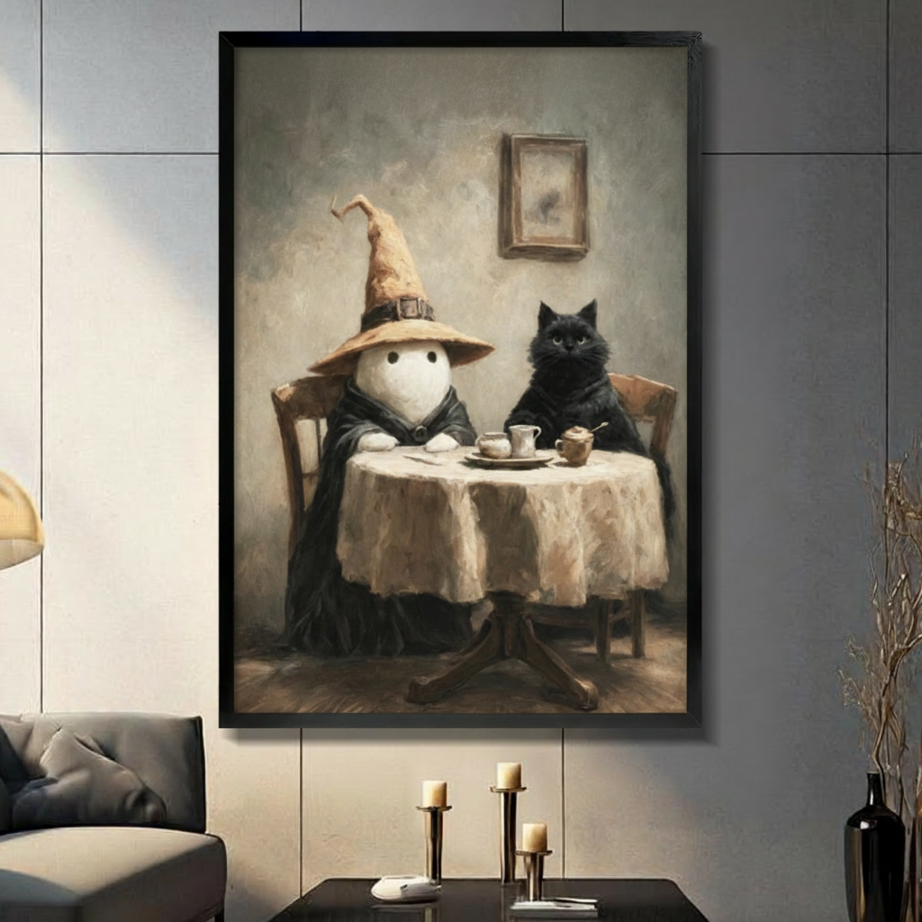 Ghost and Black Cat Tea Party Canvas Art Wall Art