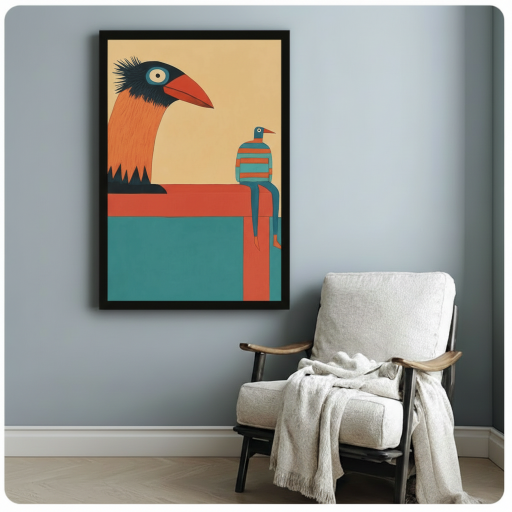 Retro Bird Duo Minimalist Framed Canvas Wall Art