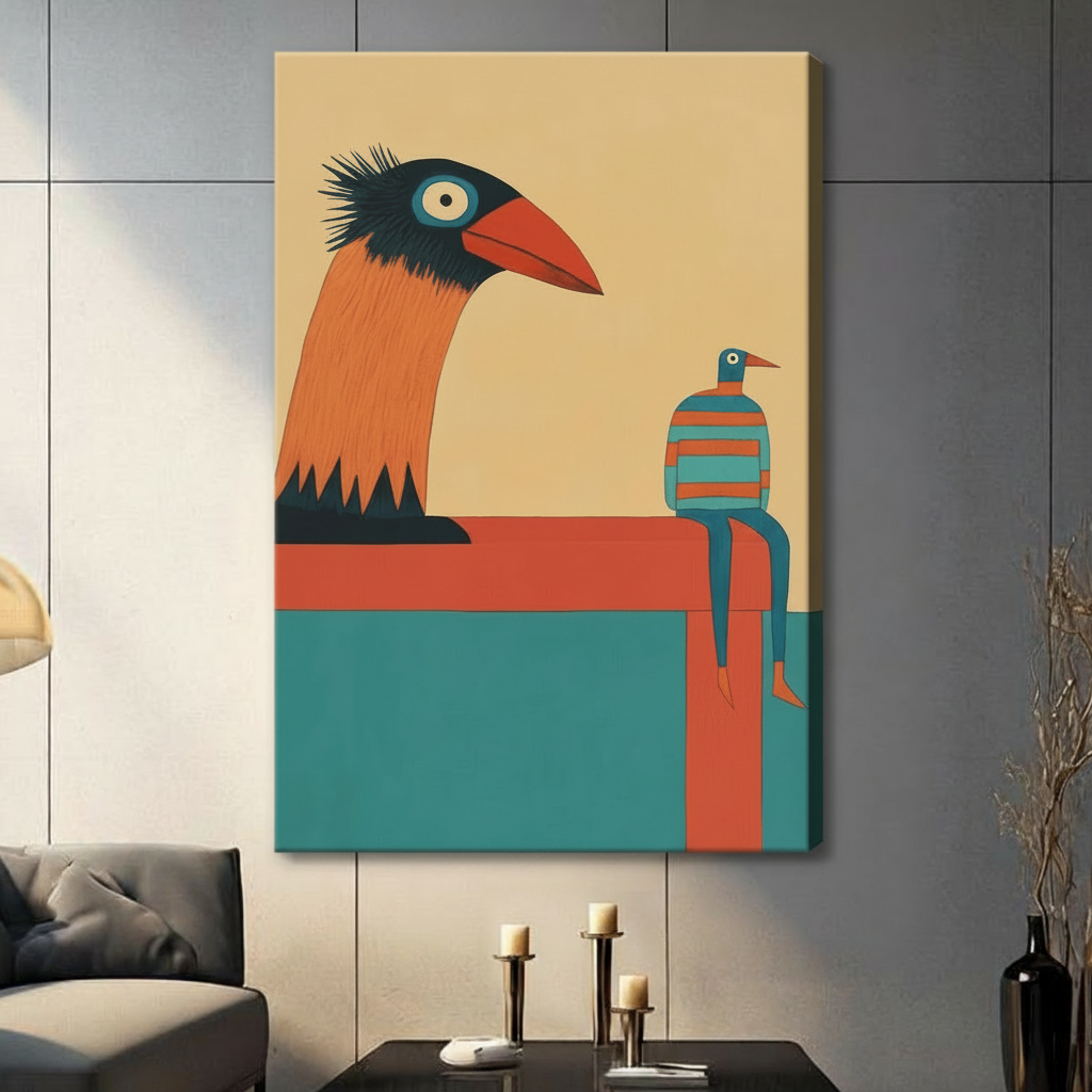 Retro Bird Duo Minimalist Framed Canvas Wall Art