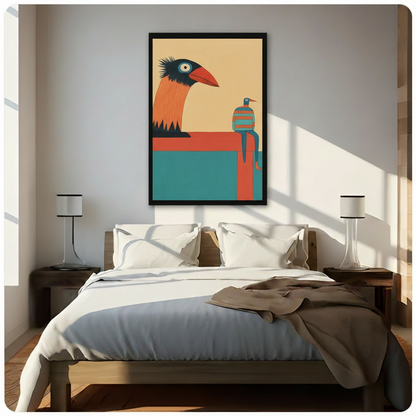 Retro Bird Duo Minimalist Framed Canvas Wall Art