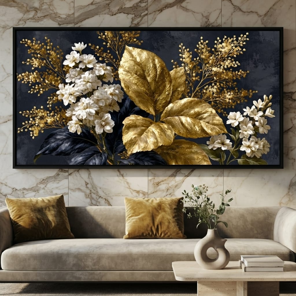 Gilded Foliage Upon Midnight Velvet Canvas Wall Art