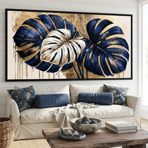 Gilded Monstera Leaves Dancing With Light Canvas Wall Art