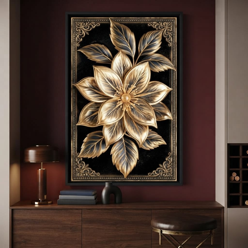 Gilded Petals on Obsidian Fields Canvas Wall Art