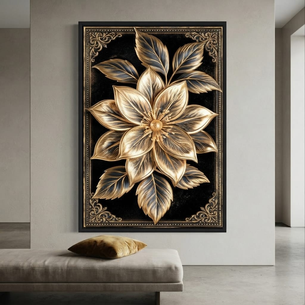Gilded Petals on Obsidian Fields Canvas Wall Art