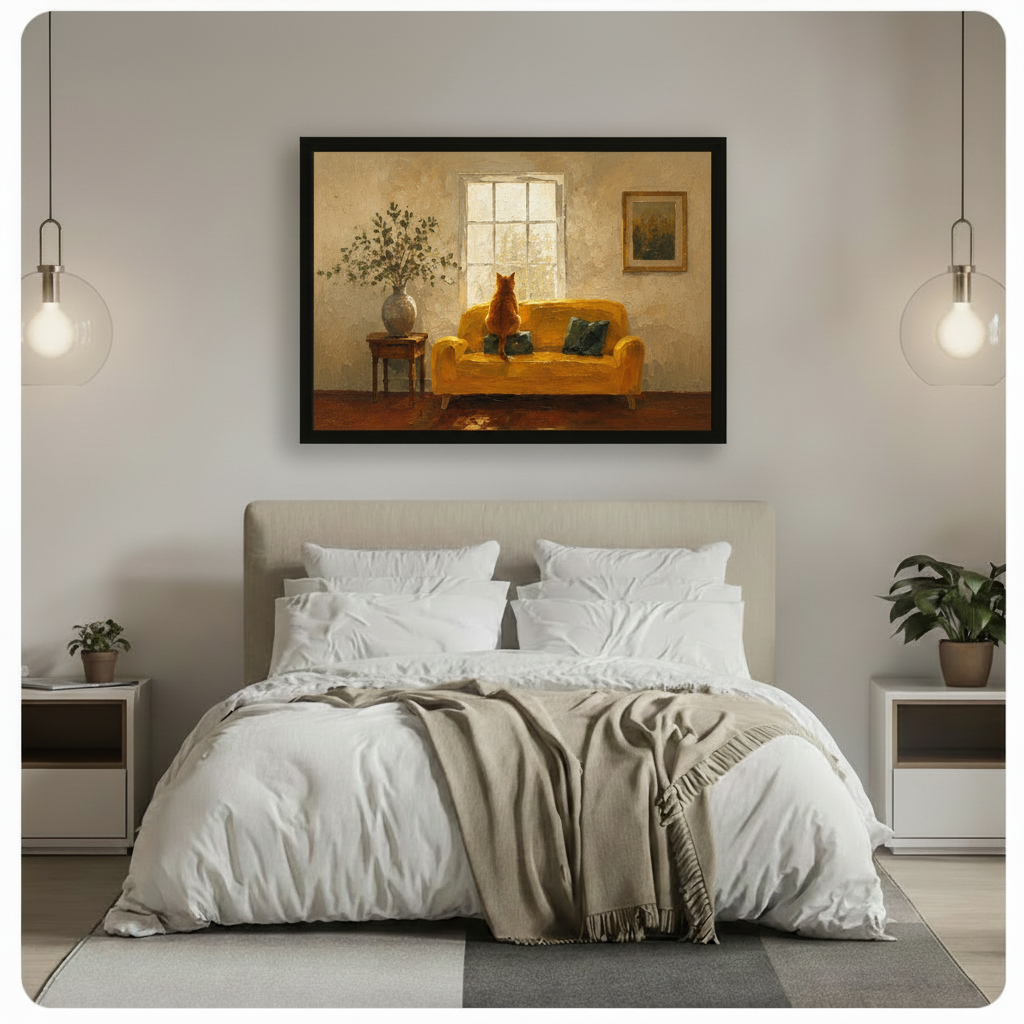 Orange Cat Yellow Sofa Oil Painting Canvas Wall Art