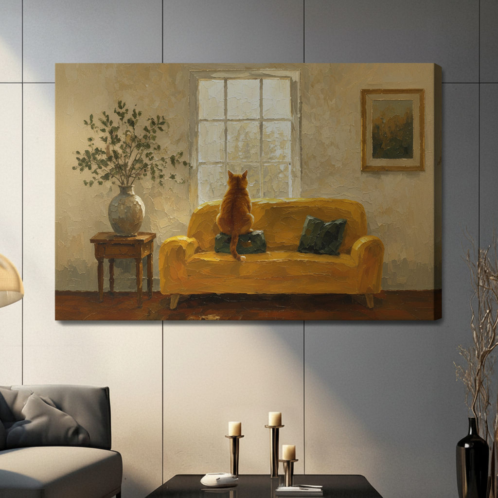 Orange Cat Yellow Sofa Oil Painting Canvas Wall Art