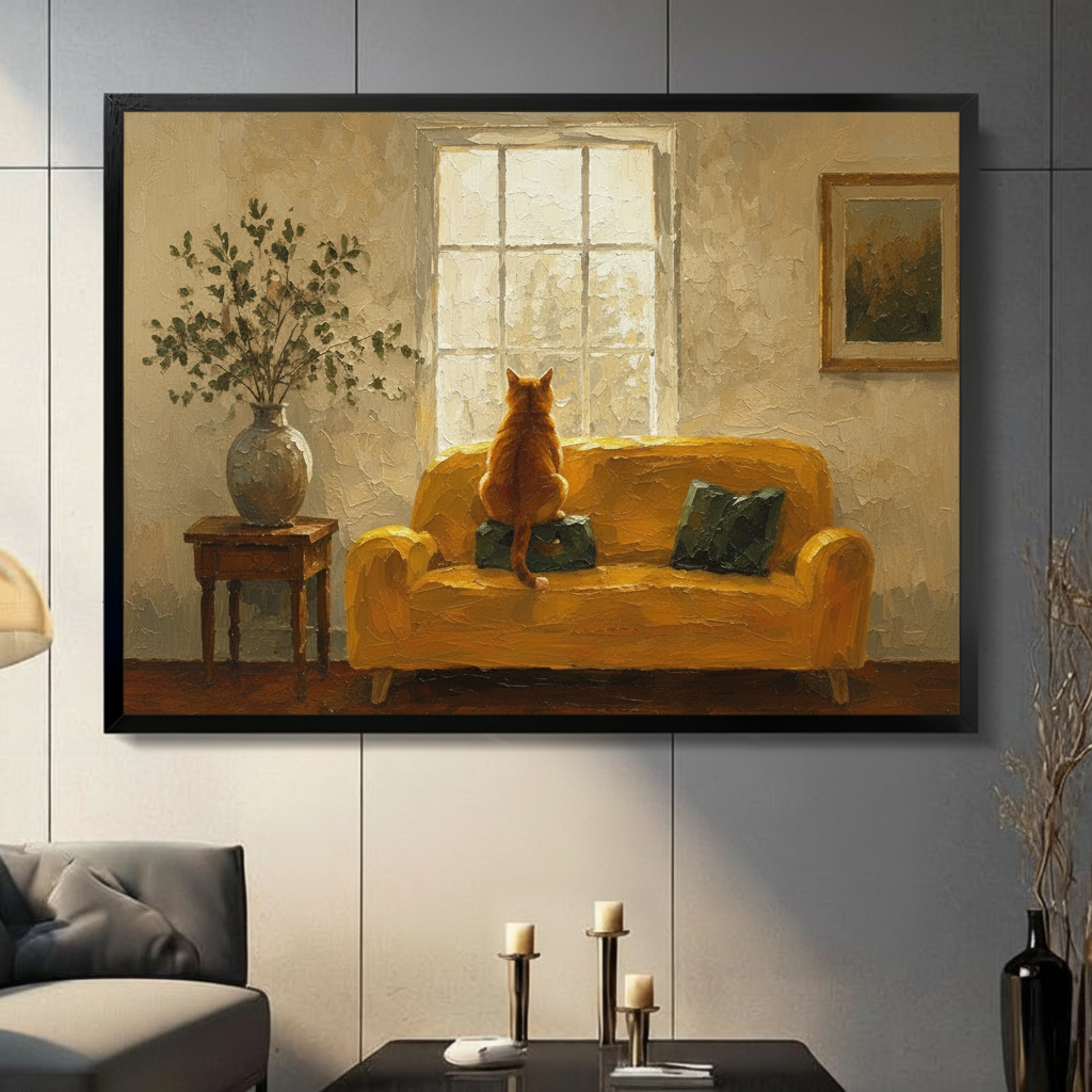 Orange Cat Yellow Sofa Oil Painting Canvas Wall Art