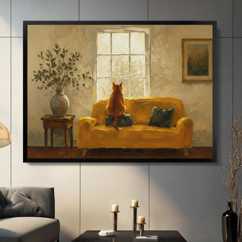 Orange Cat Yellow Sofa Oil Painting Canvas Wall Art