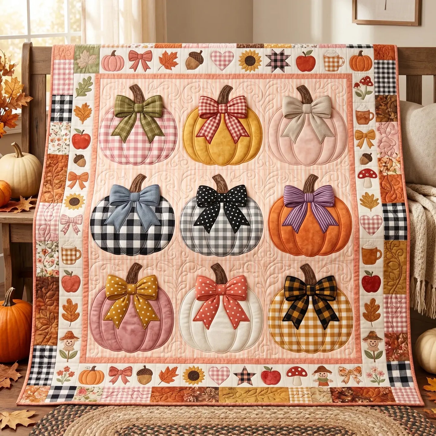 Gingham Pumpkins Quilt Blanket