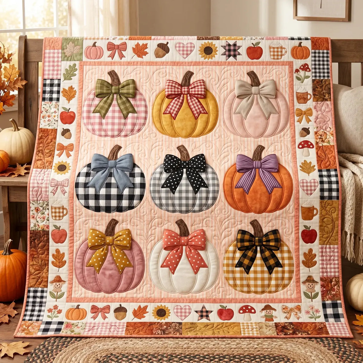 Gingham Pumpkins Quilt Blanket
