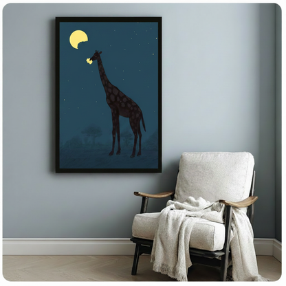 Giraffe Eating Moon Night Canvas Art Wall Art
