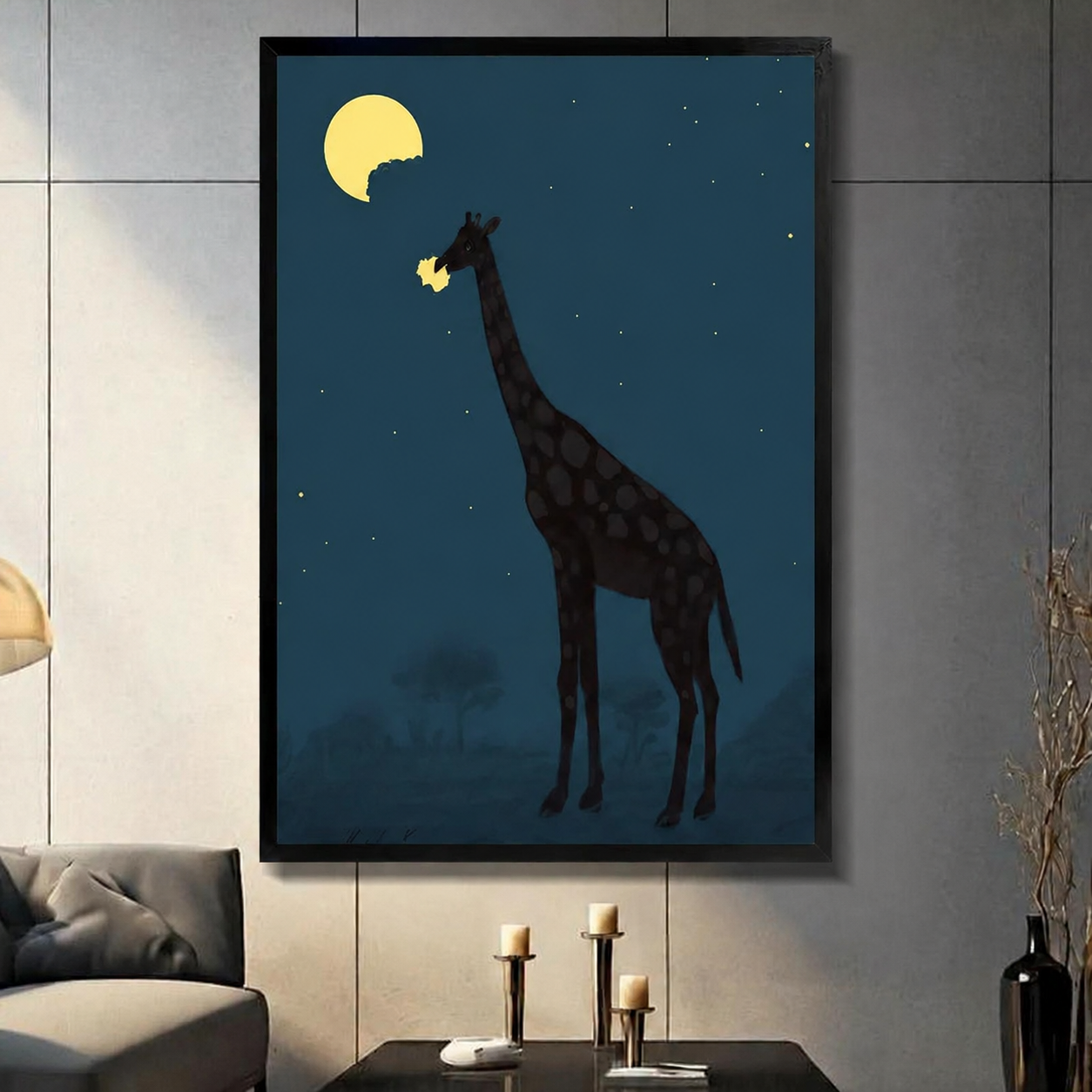 Giraffe Eating Moon Night Canvas Art Wall Art