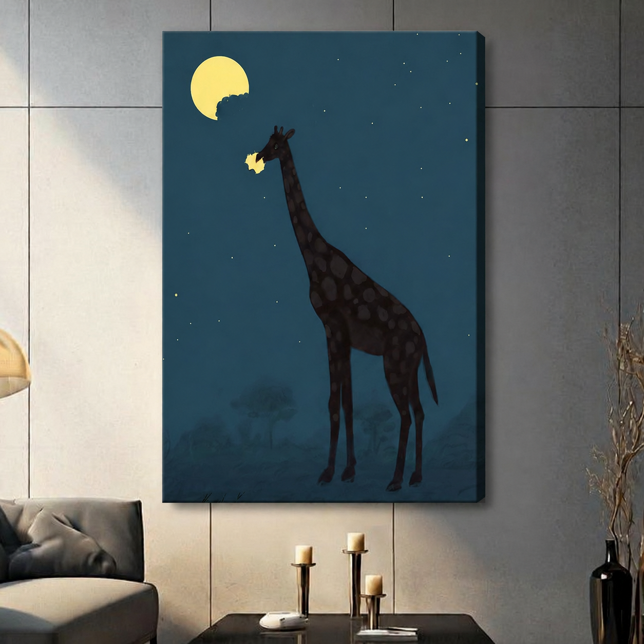Giraffe Eating Moon Night Canvas Art Wall Art