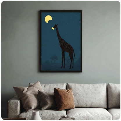 Giraffe Eating Moon Night Canvas Art Wall Art