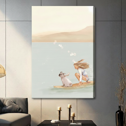 Surf Girl Dog Coastal Canvas Wall Art