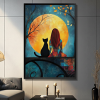 Girl & Black Cat Full Moon Canvas Wall Art 3057
