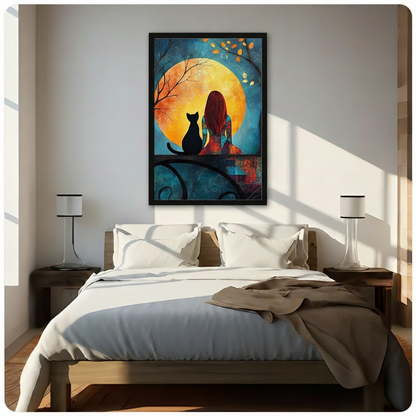 Girl & Black Cat Full Moon Canvas Wall Art 3057