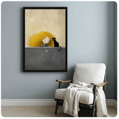 Curly Girl Black Cat Whimsical Canvas Art Wall Art