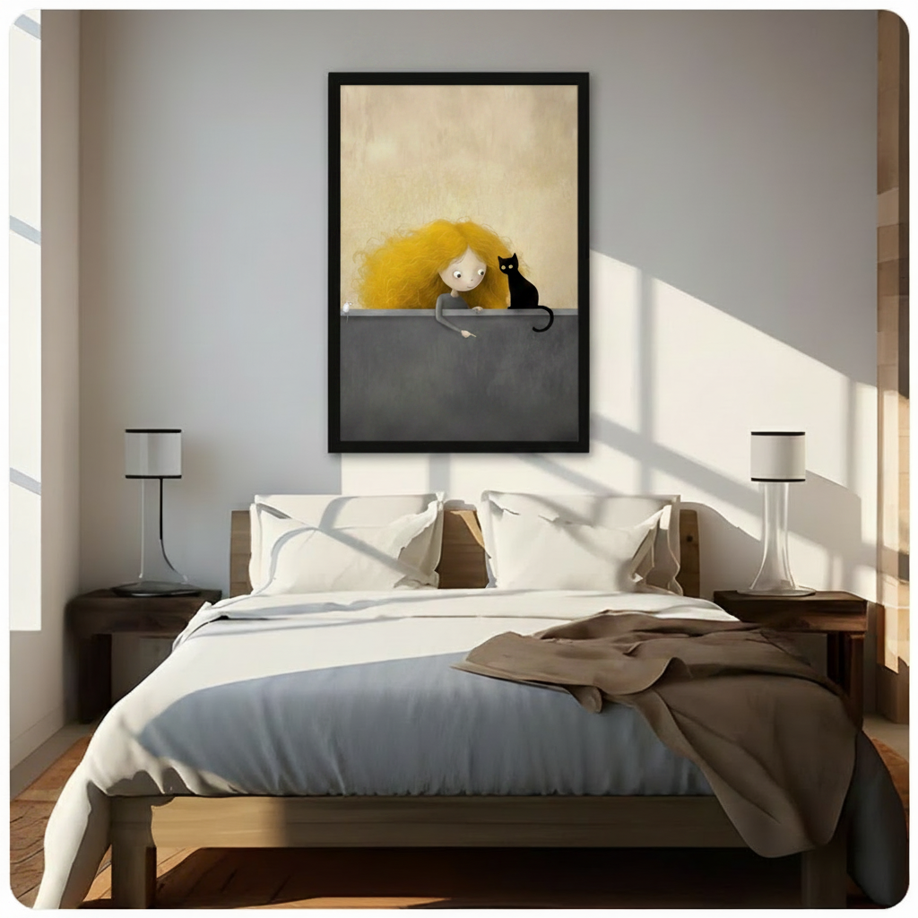 Curly Girl Black Cat Whimsical Canvas Art Wall Art