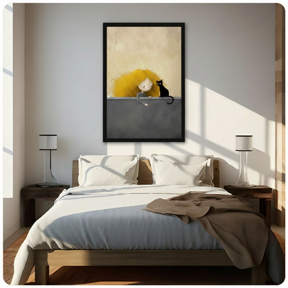 Curly Girl Black Cat Whimsical Canvas Art Wall Art