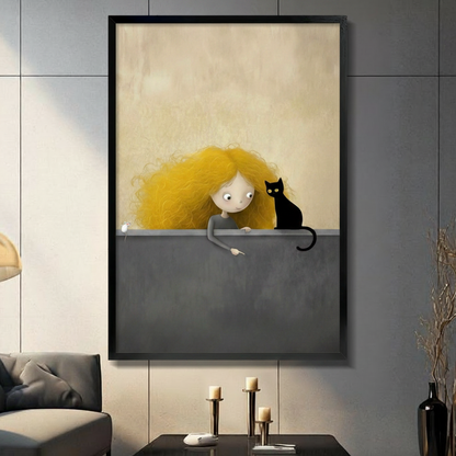 Curly Girl Black Cat Whimsical Canvas Art Wall Art