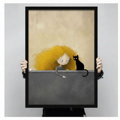 Curly Girl Black Cat Whimsical Canvas Art Wall Art