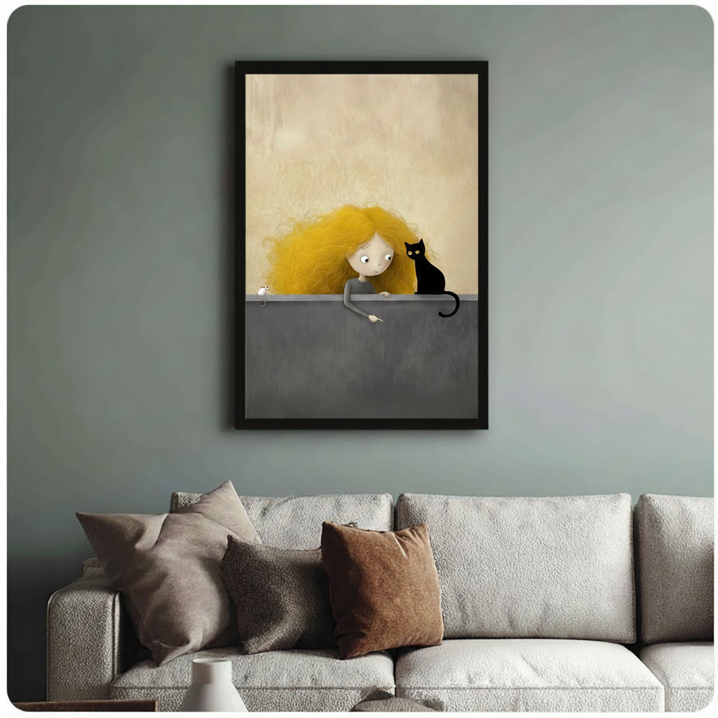 Curly Girl Black Cat Whimsical Canvas Art Wall Art