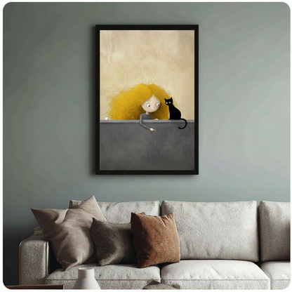 Curly Girl Black Cat Whimsical Canvas Art Wall Art