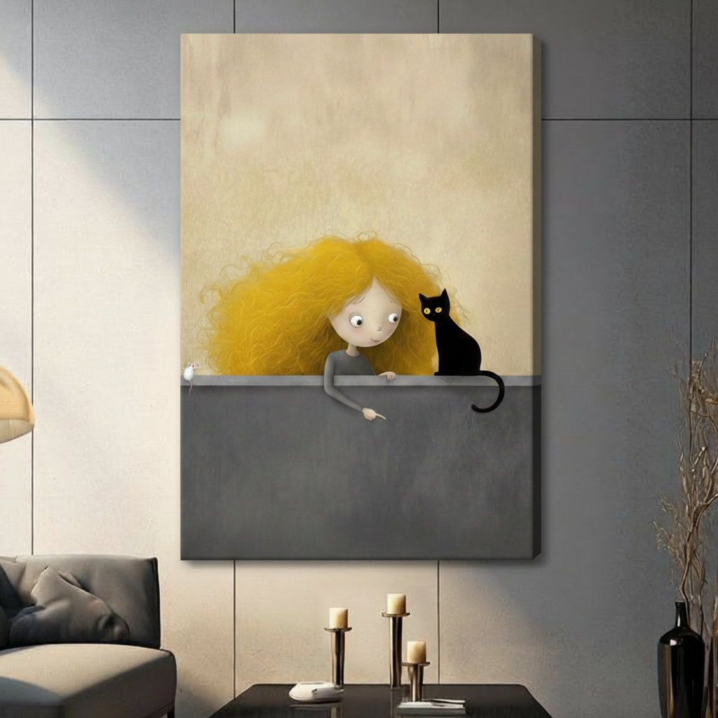 Curly Girl Black Cat Whimsical Canvas Art Wall Art