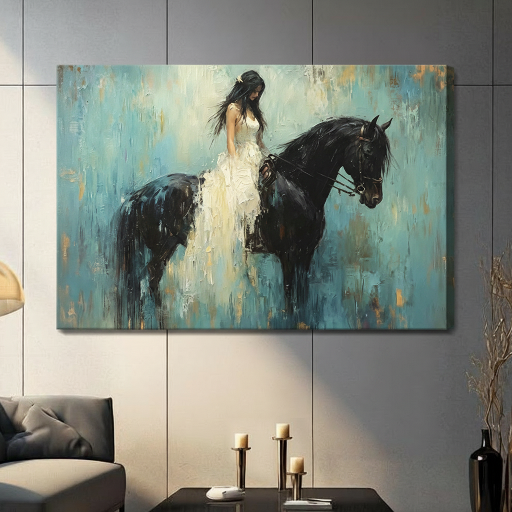 Woman in White Dress Black Horse Oil Painting Canvas