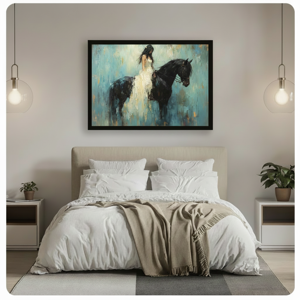 Woman in White Dress Black Horse Oil Painting Canvas