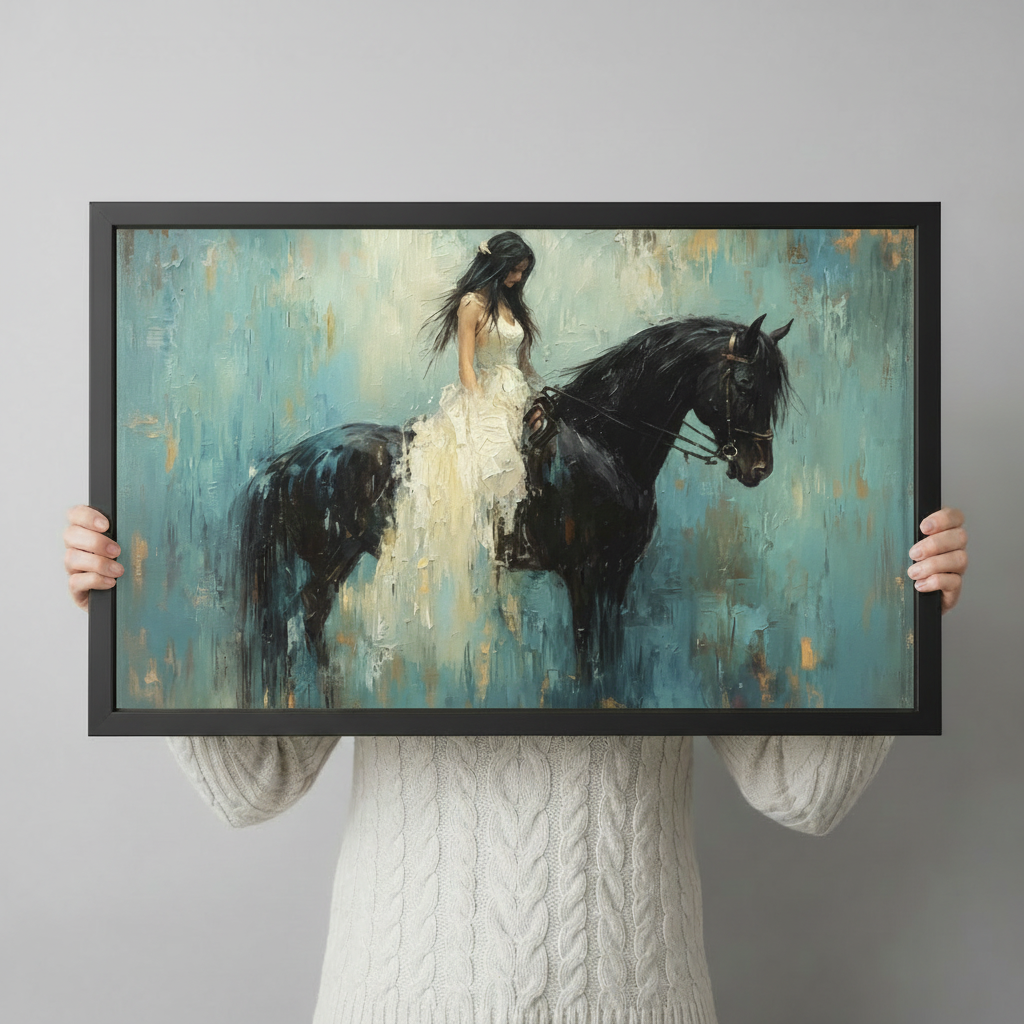 Woman in White Dress Black Horse Oil Painting Canvas