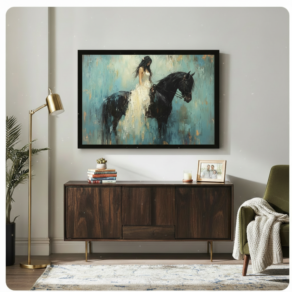 Woman in White Dress Black Horse Oil Painting Canvas