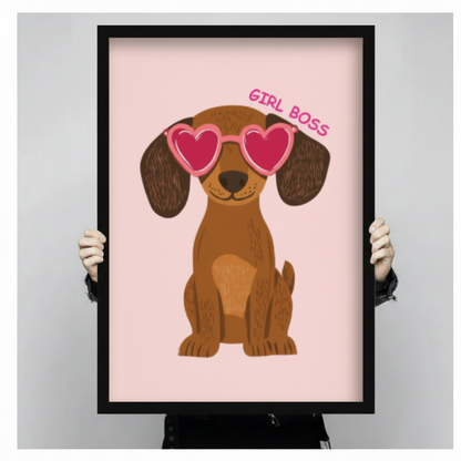 Girl Boss Dachshund Heart Sunglasses Canvas Wall Art